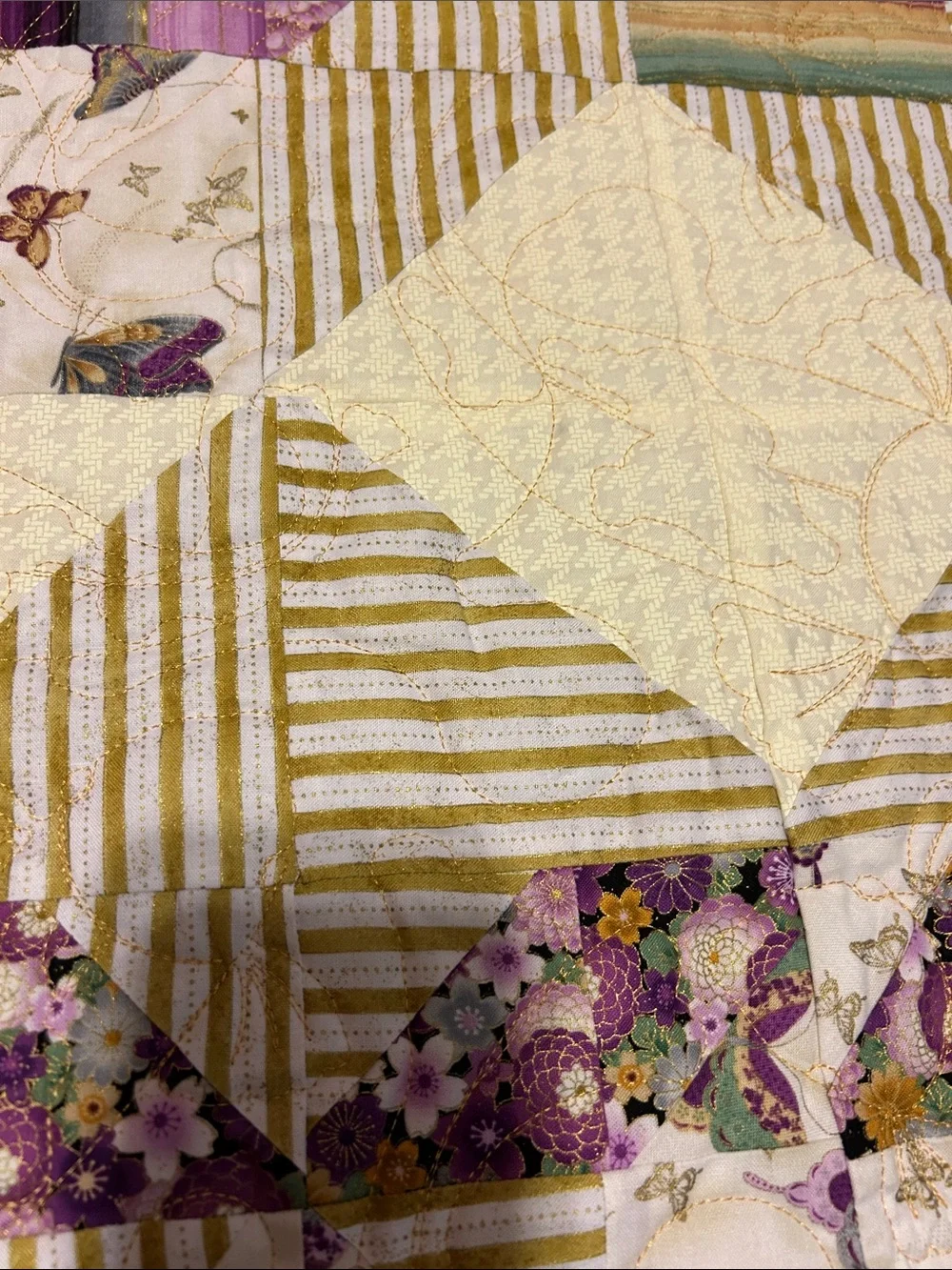 ONE OF A KIND - HANDCRAFTED Purple, gold and off-white Quilt.